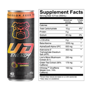 A can of UD Energy in Strawberry Lemonade flavor angled to display the "Fuel Your Passion, Feed Your Beast" slogan and the nutritional information side by side. The Supplement Facts show a 12 fl oz serving with details such as 40 calories, 4g of protein, and various energy-enhancing ingredients like Infinergy and Green Tea Extract. The can's design includes the brand's bulldog logo, emphasizing its bold character and health-conscious formulation.
