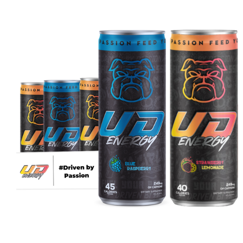 A display showcasing two flavors of UD Energy performance drinks, Blue Raspberry and Strawberry Lemonade, with a focused image of a single can in front and a faded 12-pack in the background for each flavor. Both cans feature the brand&