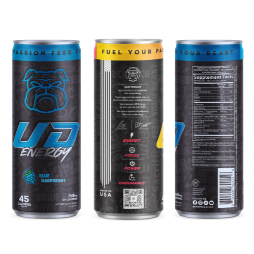 A visual array of UD Energy performance drink cans promoting a variety pack, with Blue Raspberry and Strawberry Lemonade flavors. The left can features the Blue Raspberry flavor with the bulldog logo and "Fuel Your Passion, Feed Your Beast" slogan. The center can, in Strawberry Lemonade, highlights the brand&