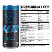 A can of UD Energy Blue Raspberry performance drink beside its list of Supplement Facts. The can displays the brand's logo with a bulldog image and the slogan. The supplement facts panel shows nutritional details for a 12 fl oz serving, including 45 calories, 4g protein, and various ingredients like L-Citrulline and Green Tea Extract, against a blue and black background.