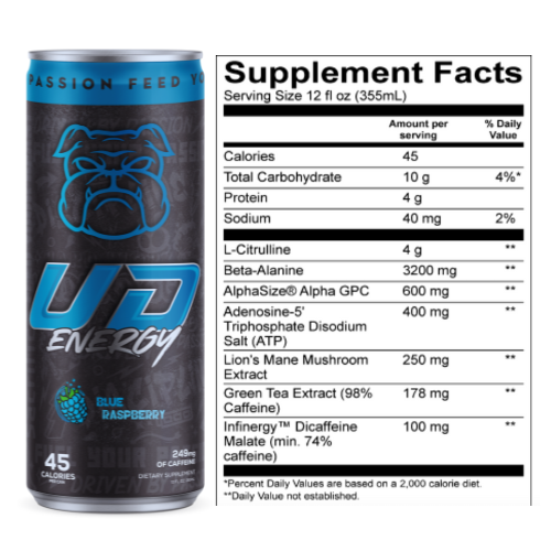A can of UD Energy Blue Raspberry performance drink beside its list of Supplement Facts. The can displays the brand&