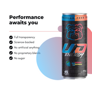 A promotional image for UD Energy performance drink featuring both flavored cans next to the text "Performance awaits you." The can is adorned with the "Fuel Your Passion, Feed Your Beast" slogan and a checklist highlighting the product's benefits such as full transparency, science-backed ingredients, no artificial additives, no proprietary blends, and no sugar, set against a modern background with geometric shapes.